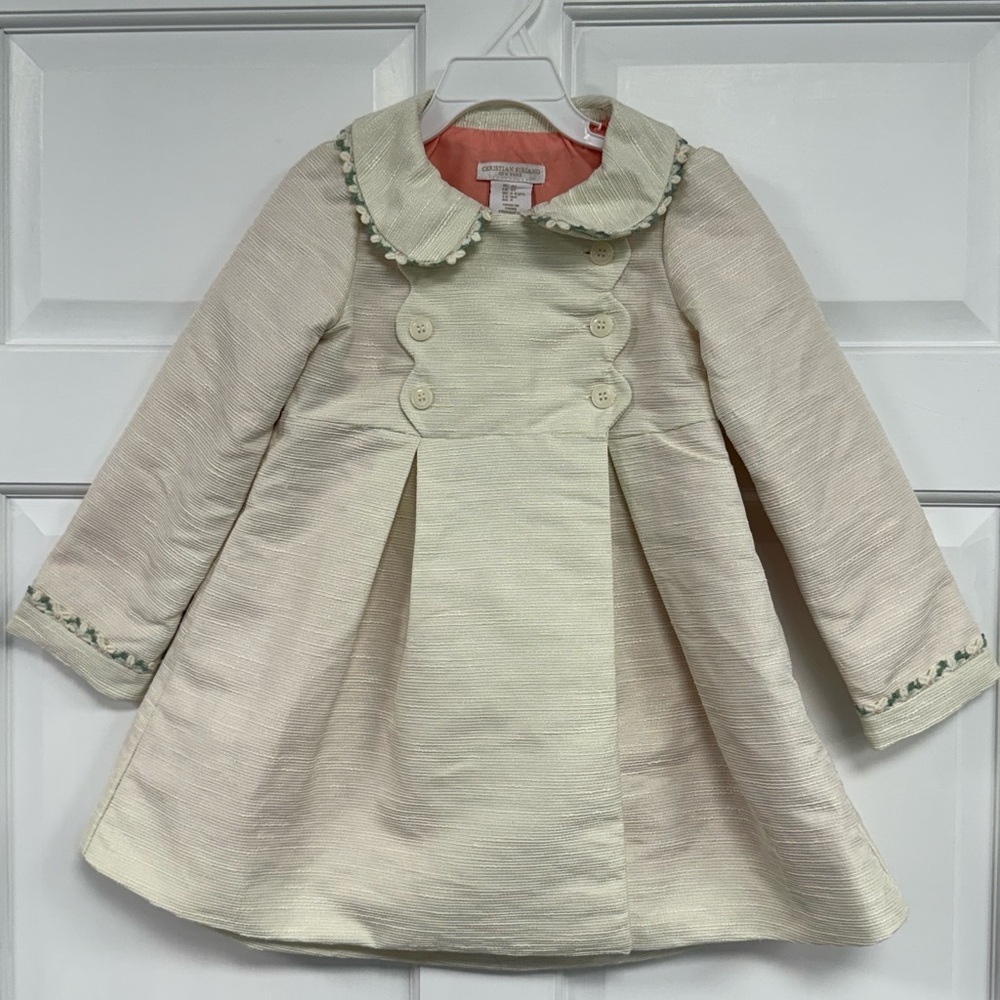 NWOT Christian Siriano Textured Brocade Coat Cream Peach Floral Trim Girls 4T